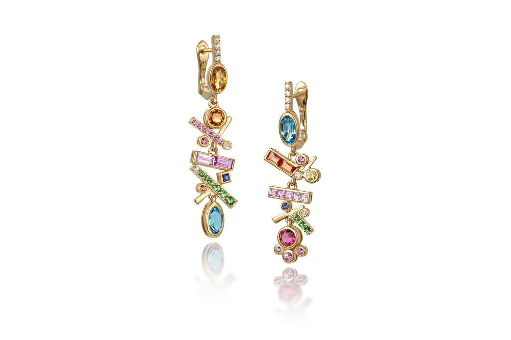 Articulating dangle earring with a mix of fireworks style bezel set multi-colored gemstones and tiny diamonds