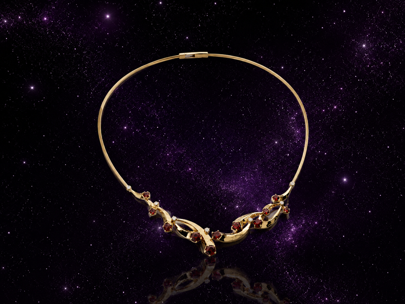 Comet Necklace in Gold, Madeira Garnets and Diamonds