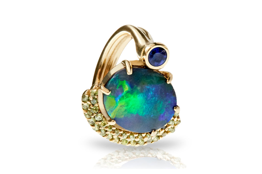 Eclipse Ring with Australian Black Opal, Blue Sapphire and Demantoid Garnets