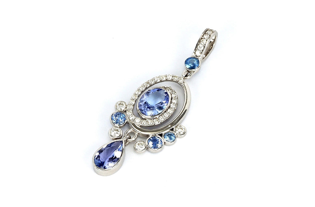 1.11" long pendant in white gold with Tanzanites, Sapphires and Diamonds